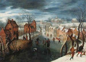 A landscape with skaters on a frozen river by a village, hunters in the foreground by School Of Antwerp