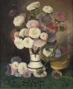 Still Life With A Flowers In A Painted Porcelain Vase And A Basketon A Tabletop