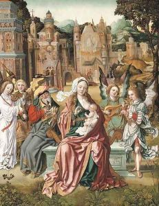 The Holy Family with music-making angels, a city beyond by School Of Antwerp