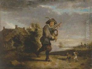 A bagpipe player in a landscape by Thomas Van Apshoven