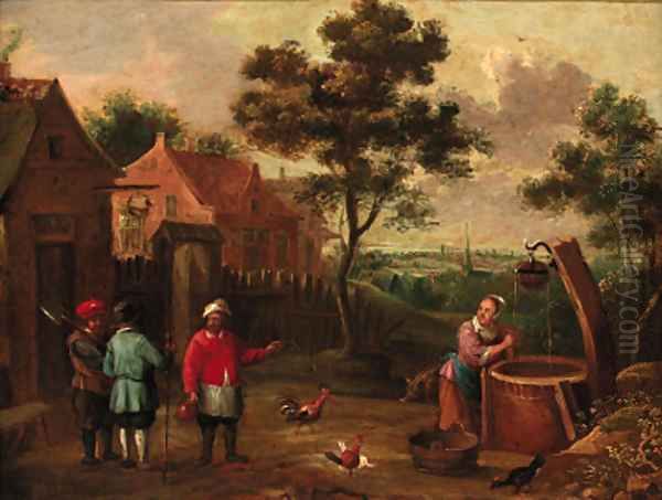 Peasants conversing on a track by a well in a village - view 1