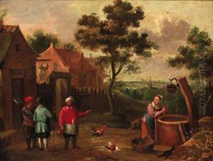 Peasants conversing on a track by a well in a village by Thomas Van Apshoven