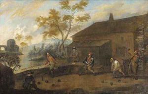 Skittle players by a house by Thomas Van Apshoven
