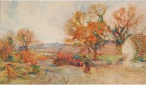 Country Lane With Maid And Cottage