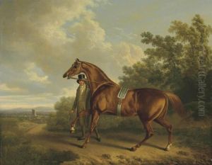 A Chestnut Hunter And His Groom In A Landscape by Charles Towne