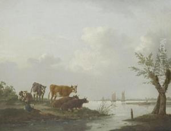 Cattle In A Meadow, A River Landscape Beyond - view 1