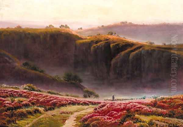 A shepherd herding his flock in an extensive mountainous landscape - view 1