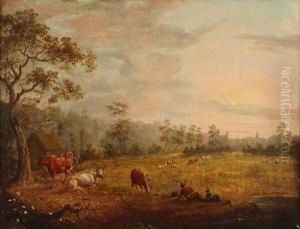 Cattle Grazing In A Field With A Figure Resting In The Foreground by Charles Towne