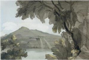Lake Of Albano, Morning Sun Rising Over Rocca Del Papa