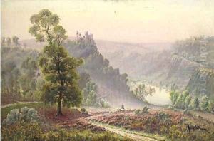 A shepherdess with her flock in an extensive landscape with a river and castle beyond