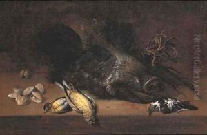 A hunting still life with a boar's head by Johann Adalbert Angermayer