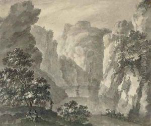 A gorge with a boat and figures in the foreground A gorge with a boat and figures in the foreground