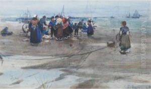 'study' Dutch Beach Scene With Fisher Folk by Cath Townsend Warner