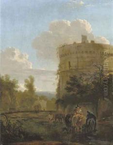 An Italiante landscape with travellers fording a river near the tomb of Caecilia Metella, Rome by Jan Asselijn
