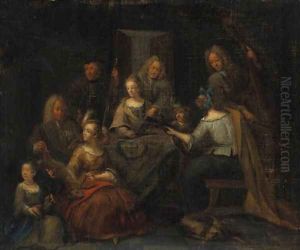 Elegant Company making Music in an Interior with a Sportsman showing a Lady Trophies of the Hunt by Pieter Angillis