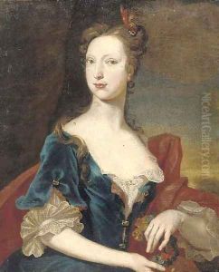 Portrait of a lady, half-length, in a blue dress and red wrap, holding a garland of flowers by William Aikman
