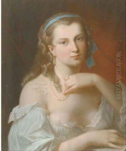 A young beauty wearing a pearl necklace by Akos Von Aranyossy