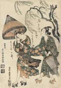 Benizuri-e Of A Young Couple Waking In A Strong Wind Under A Willow Tree by Ishikawa Shuha Toyonobu