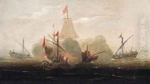 A naval engagement with barges attacking a man-o'-war by Aart Van Antum