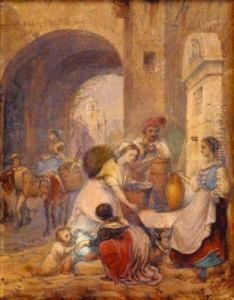 Personnages Autour D'une Fontaine