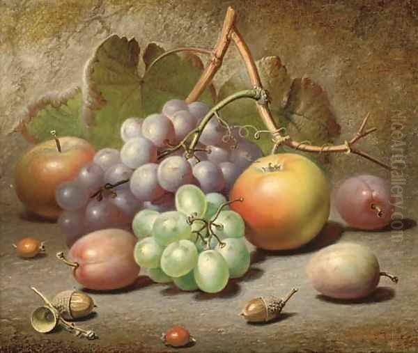 Grapes, apples, plums and acorns on a mossy bank - view 1