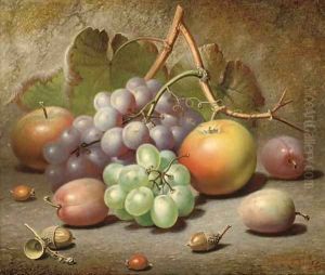 Grapes, apples, plums and acorns on a mossy bank