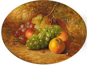 Apples, grapes and a plum, on a mossy bank by Charles Archer