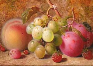 Grapes, plums, raspberries, and a peach, on a mossy bank