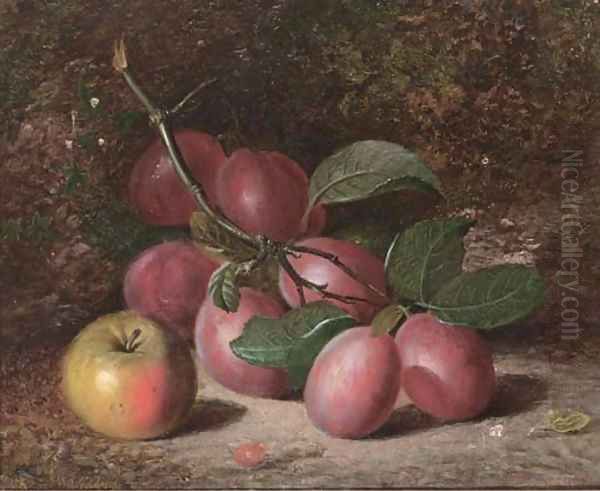 Plums and an apple, on a mossy bank - view 1