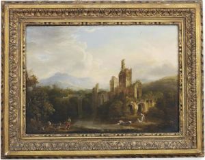 A View Of A Castle With Figures Washing Sheets And A Goat Herder On A River Bank