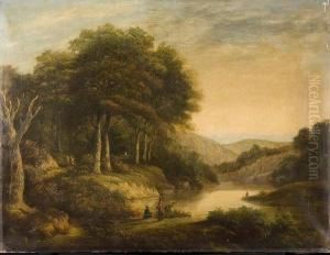 Wooded River Landscape With Anglers Andfigures Walking On The Bank by William Traies