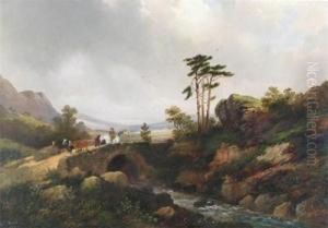 Highland Scene With Travellers On Abridge by Edward Train