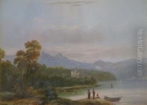 Figures And Castle Beside A Lake Signed 5.5 X 7.5in by Edward Train
