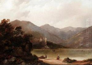 Figures At The Head Of Loch Awe With Kilchurn Castle Beyond by Edward Train