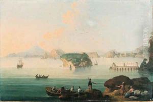 View of Pozzuoli, with fishermen bringing in their catch in the foreground, Vesuvius beyond by Pietro Antoniani