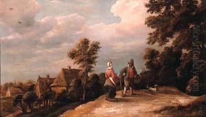 Peasants returning from market on a sandy path by a village by Thomas Van Apshoven