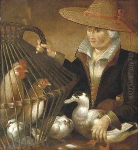 A woman holding a duck and a bird cage with chickens and a dove