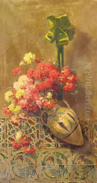 Red and white carnations in a ceramic vase - view 1