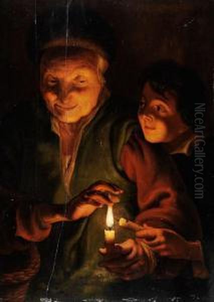 Alte Frau Mit Einem Knaben, Vonkerzenlicht Beleuchtet - view 1