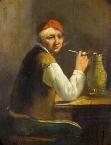 A Peasant At A Table Smoking Anddrinking by Johann Georg Trautmann