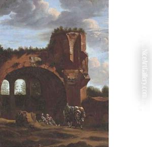 An Italianate landscape with travellers at rest by a classical arch by Jan Asselyn