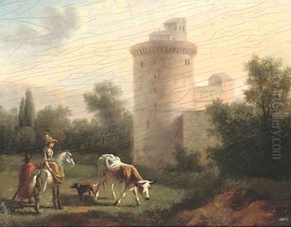 A landscape with a lady on horseback, classical building beyond - view 1