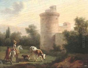 A landscape with a lady on horseback, classical building beyond by Jan Asselyn