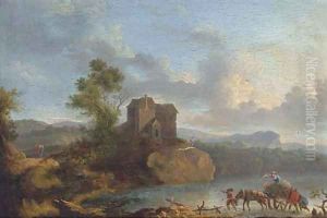 A landscape with travellers crossing a ford, a house beyond by Jan Asselyn