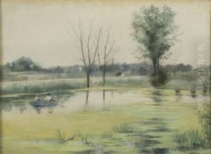 River Scene With Two Men In A Rowboat.