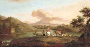 An extensive Italianate river landscape with herdsmen on a bank and a man fishing by a dwelling by Jan Asselyn