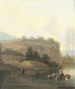 An Italianate landscape with muleteers crossing a river by Jan Asselyn