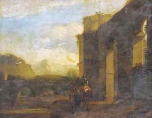 An Italianate landscape with travellers by a bridge near classical ruins by Jan Asselyn