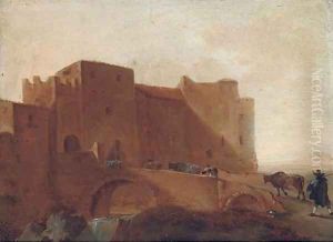 Herdsman crossing a bridge with their cattle, a fortified town beyond by Jan Asselyn