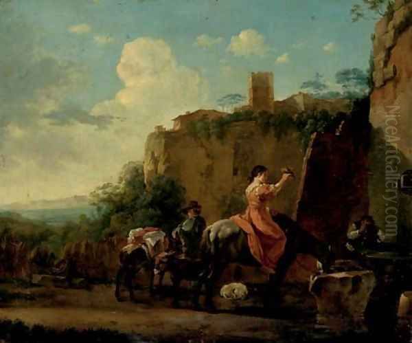 Travellers on horseback at rest by a well, a hilltop town beyond - view 1